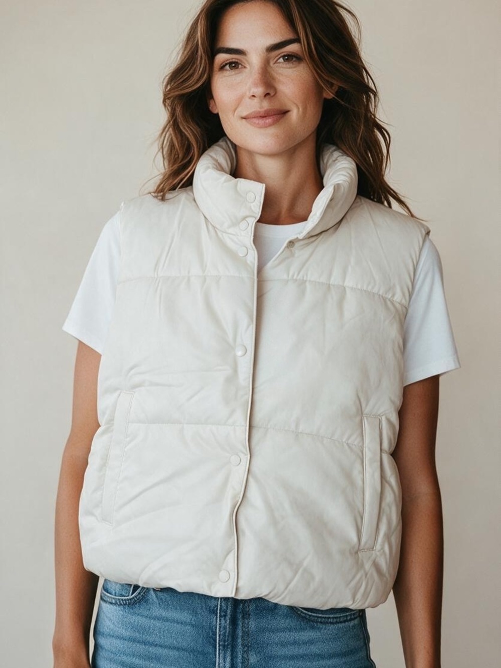 Old Navy Cream Faux Leather Puffer Vest